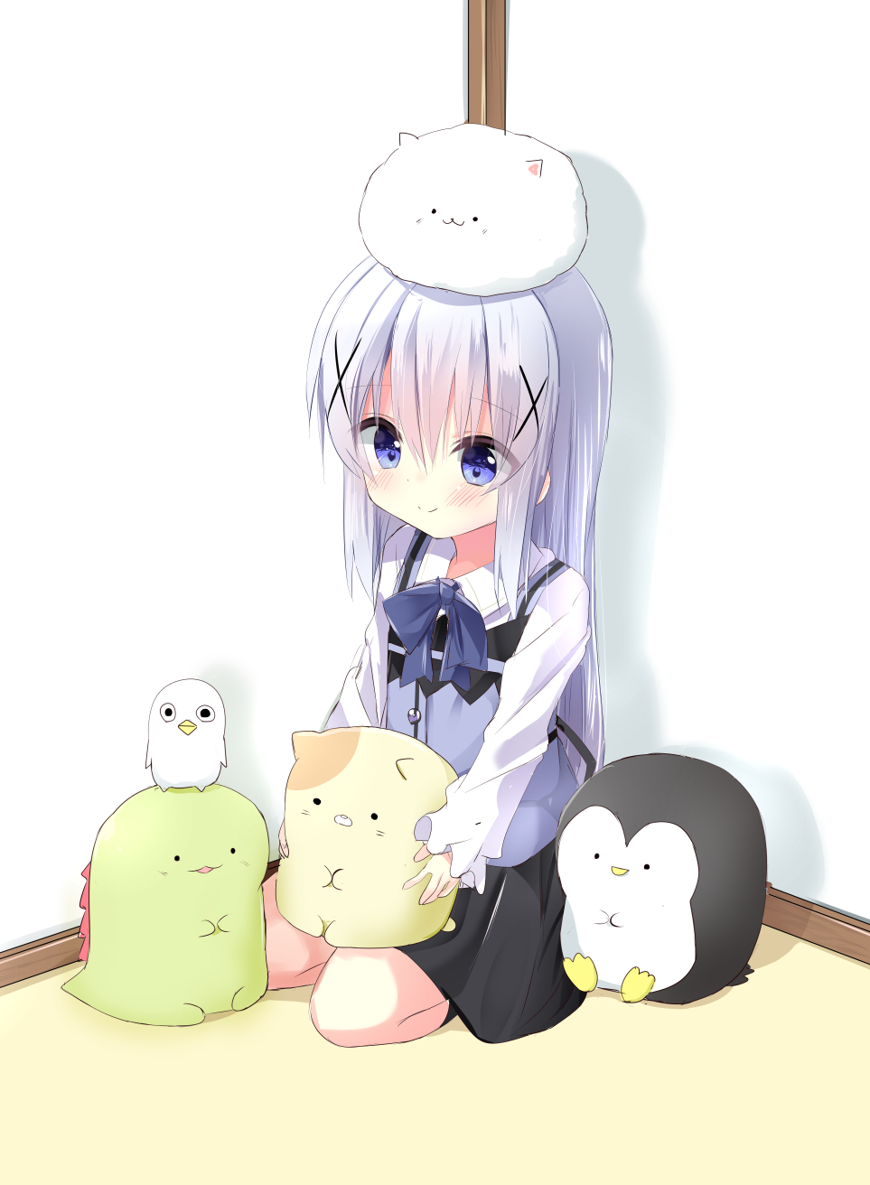 1girl angora_rabbit animal animal_on_head black_legwear black_skirt blue_bow blue_vest blush bow closed_mouth collared_shirt gochuumon_wa_usagi_desu_ka? highres holding holding_stuffed_animal indoors kafuu_chino kneehighs kouda_suzu long_sleeves looking_at_viewer on_floor on_head rabbit rabbit_house_uniform seiza shirt sitting skirt sleeves_past_wrists smile stuffed_animal stuffed_cat stuffed_dragon stuffed_penguin stuffed_toy tippy_(gochiusa) uniform vest waitress white_shirt