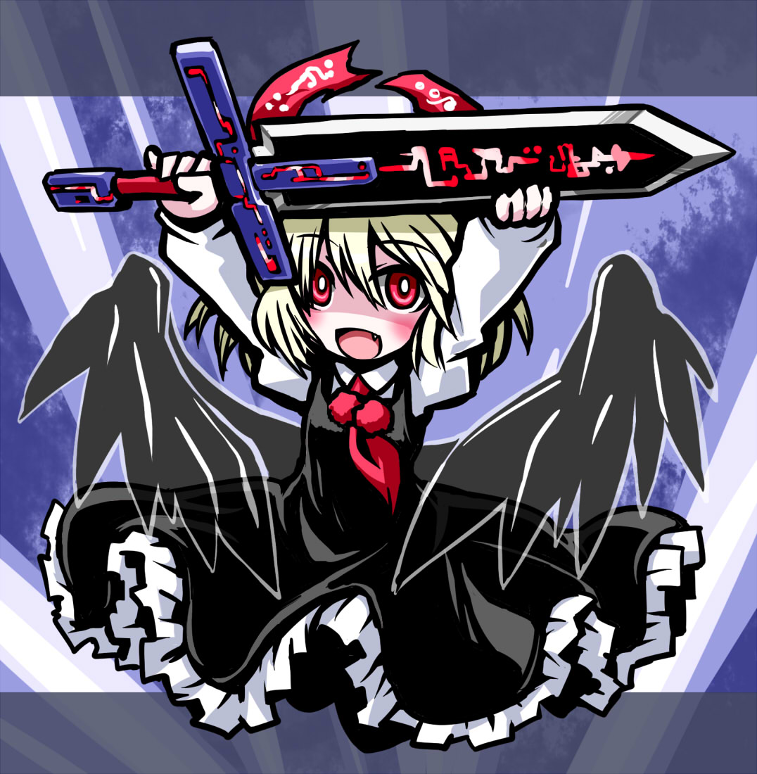 1girl :d black_wings blonde_hair dress ex-rumia fang frilled_dress frills halo kugelschreiber open_mouth red_eyes rumia shirt short_hair smile sword touhou weapon wings