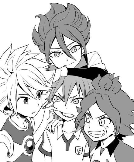 4boys grin inazuma_eleven inazuma_eleven_(series) inazuma_eleven_go kariya_masaki kiyama_hiroto lightning_bolt male_focus monochrome multiple_boys nagumo_haruya open_mouth raimon raimon_soccer_uniform riho simple_background smile soccer_uniform sportswear suzuno_fuusuke time_paradox upper_body white_background