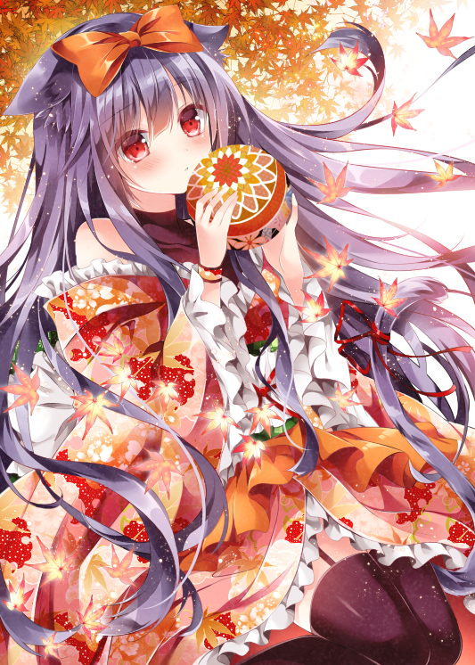 1girl :o animal_ears autumn_leaves ball bare_shoulders black_hair black_legwear blush bow falling_leaves floral_print frilled_sleeves frills garter_straps hair_bow hair_ornament holding_ball japanese_clothes kimono long_hair looking_at_viewer nogi_takayoshi original parted_lips red_eyes sash solo thigh-highs very_long_hair wrist_cuffs