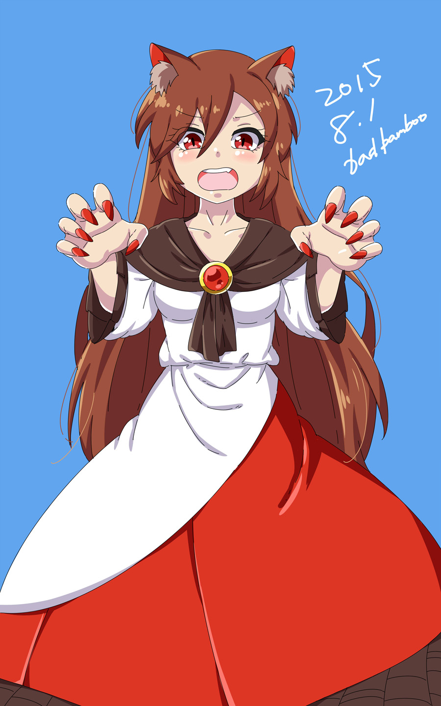 1girl artist_name badbamboo blue_background brown_hair claw_pose d:&lt; dated dress highres imaizumi_kagerou long_hair red_eyes red_fingernails simple_background touhou very_long_hair