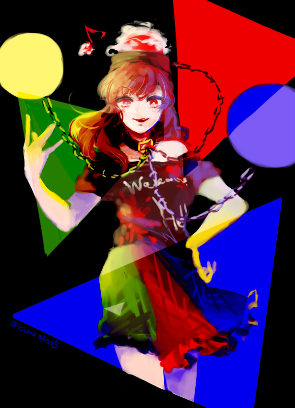 1girl black_background black_shirt chain clothes_writing collar earth_(ornament) hand_on_hip hand_up hat hecatia_lapislazuli kimochi long_hair looking_at_viewer moon_(ornament) multicolored_skirt musical_note off-shoulder_shirt open_mouth red_eyes redhead shirt simple_background smile solo touhou triangle