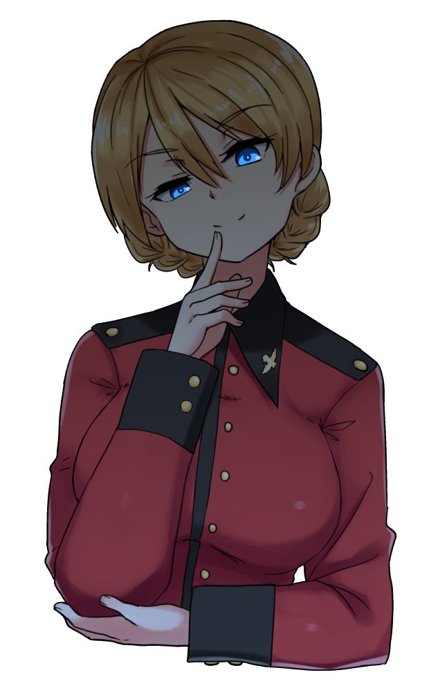 1girl arm_grab bangs blonde_hair blue_eyes braid closed_mouth commentary cropped_torso darjeeling epaulettes finger_to_mouth girls_und_panzer glowing glowing_eyes half-closed_eyes head_tilt hikyakuashibi jacket long_sleeves looking_at_viewer military military_uniform red_jacket shade short_hair simple_background smirk solo st._gloriana's_military_uniform tied_hair twin_braids uniform upper_body white_background