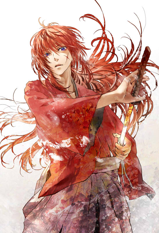 1boy himura_kenshin japanese_clothes katana kibi_(kibi.ibik) long_hair ponytail redhead rurouni_kenshin scar sword violet_eyes weapon