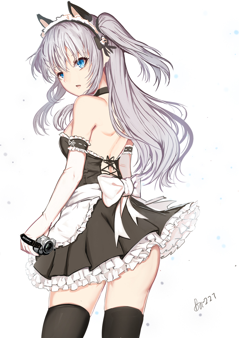 1girl alternate_costume animal_ears blue_eyes bn-227@pft camcorder charlotte_(anime) elbow_gloves enmaided gloves long_hair looking_back maid maid_headdress silver_hair solo thigh-highs tomori_nao two_side_up