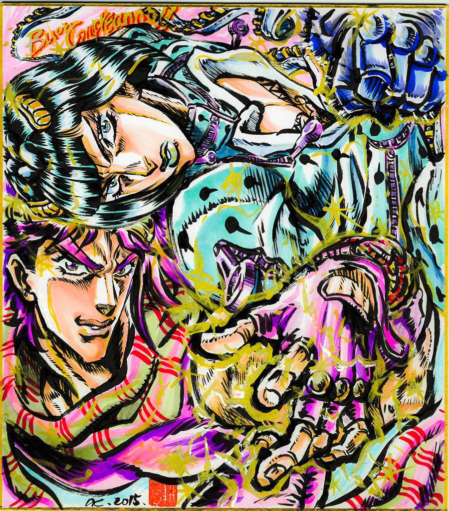 2boys ashiya_kouhei black_hair blue_hair bruno_bucciarati colorful electricity headband jojo_no_kimyou_na_bouken joseph_joestar_(young) marker_(medium) multiple_boys official_style purple_hair stand_(jojo) sticky_fingers_(stand) traditional_media