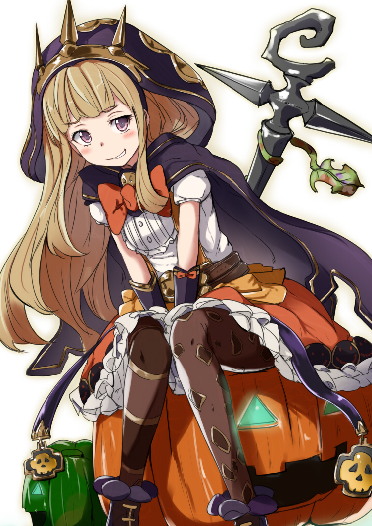 1girl black_legwear blonde_hair blush bow cagliostro_(granblue_fantasy) cape dress granblue_fantasy hairband hood jack-o'-lantern long_hair looking_at_viewer pumpkin sakamoto-cat simple_background sitting sketch skirt smile solo thigh-highs violet_eyes wand