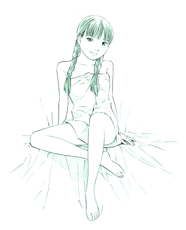 1girl barefoot braid monochrome original sketch solo traditional_media twin_braids yoshitomi_akihito