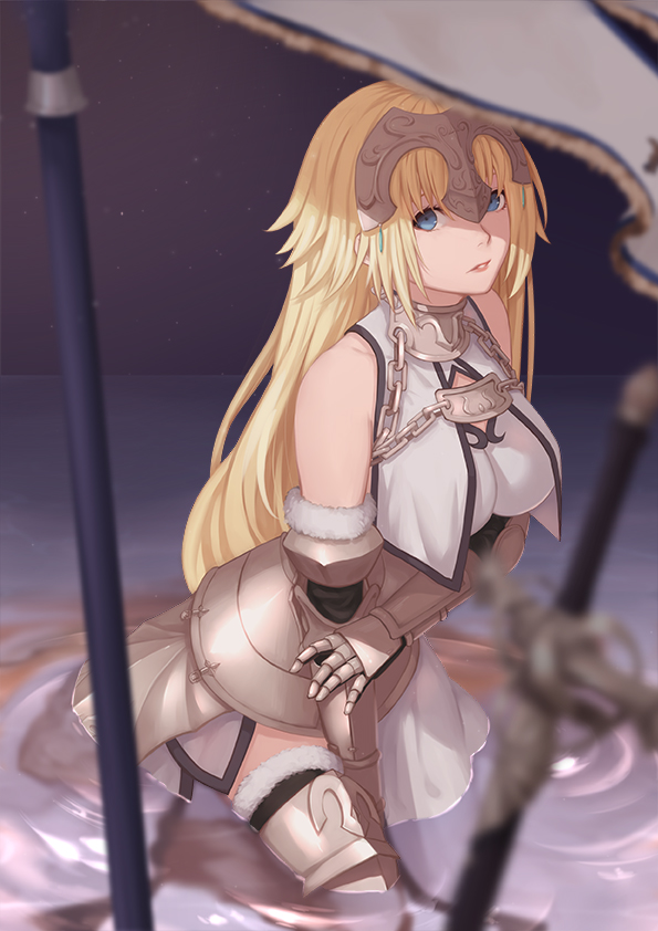 1girl armor armored_dress blonde_hair blue_eyes breasts dress fate/apocrypha fate_(series) gauntlets headpiece jeanne_d'arc long_hair ruler_(fate/apocrypha) solo water