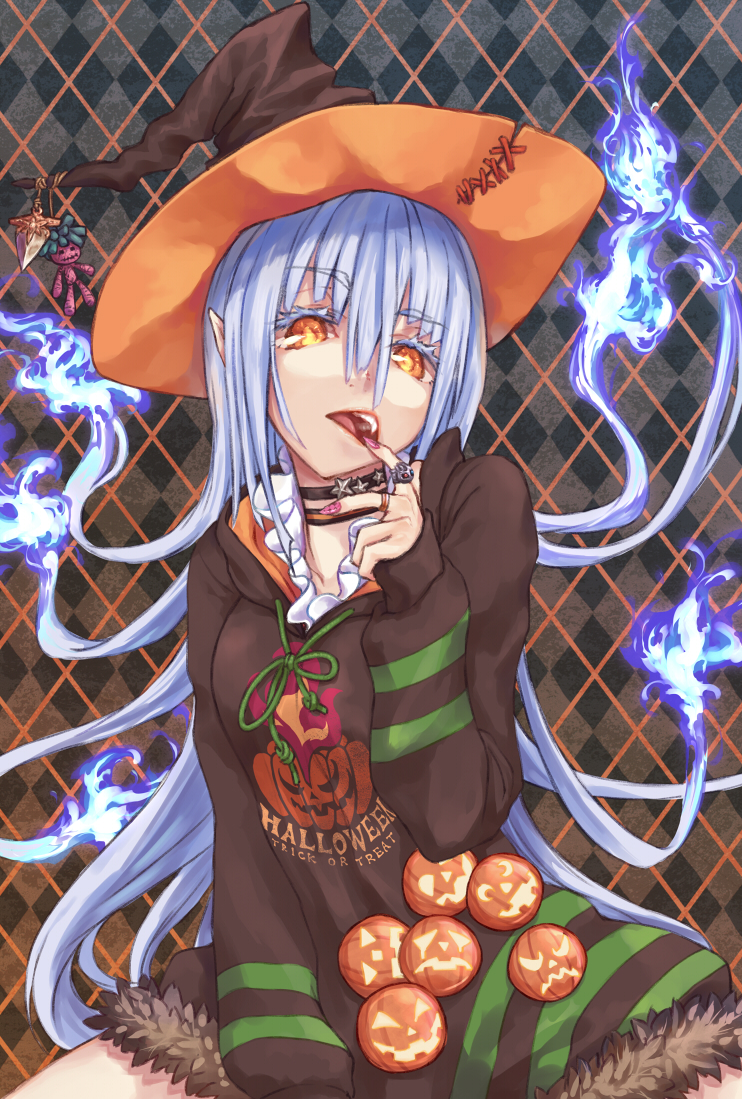 1girl blue_fire burning_hair choker finger_in_mouth fire halloween hat hoodie jack-o'-lantern jewelry long_hair long_sleeves looking_at_viewer mumulatte original pointy_ears ring solo very_long_hair witch_hat yellow_eyes