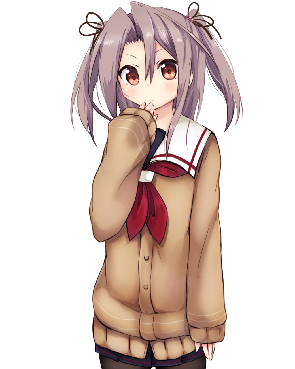 1girl alternate_costume amano_kouki brown_eyes brown_hair cosplay flat_chest hair_ribbon highres kantai_collection long_hair long_sleeves looking_at_viewer murasame_(kantai_collection)_(cosplay) ribbon school_uniform simple_background sleeves_past_wrists solo twintails two_side_up white_background zuihou_(kantai_collection)
