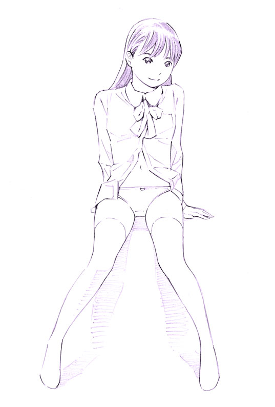 1girl monochrome original panties sketch solo thigh-highs traditional_media underwear yoshitomi_akihito