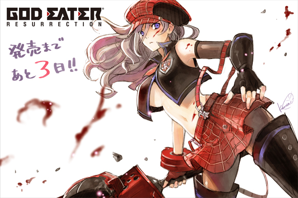1girl alisa_ilinichina_amiella black_gloves black_legwear blood blood_on_face blue_eyes breasts fingerless_gloves gloves god_eater god_eater_burst hat holding_weapon huge_weapon long_hair official_art pantyhose pleated_skirt silver_hair skirt sky solo sword thigh-highs under_boob weapon