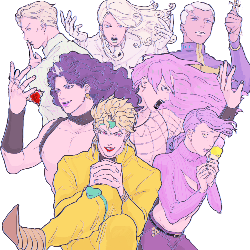 black_lipstick blonde_hair cross crossed_legs dark_skin diavolo dio_brando earrings enrico_pucci finger_to_mouth funny_valentine gloves green_lipstick hands_clasped headband horns ice_cream_cone jewelry jojo_no_kimyou_na_bouken kira_yoshikage knee_pads lipstick long_hair makeup mandaman necklace_removed pink_hair pointy_shoes purple_hair red_lipstick red_stone_of_aja ribbed_sweater shoes steel_ball_run sweater vinegar_doppio white_gloves white_hair