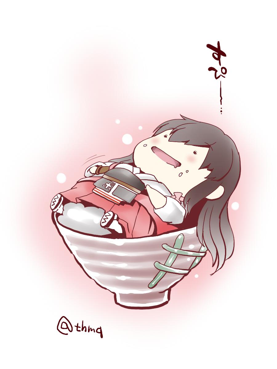 1girl akagi_(kantai_collection) blush bowl food highres japanese_clothes kantai_collection long_hair open_mouth personification rice ship skirt smile solo tagme touhou_meikyuu translation_request warship world_war_ii