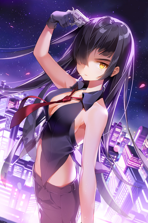 1girl asymmetrical_bangs bangs belt black_hair breasts buckle building character_request city cleavage collared_shirt cowboy_shot gilse gloves gun gun_to_head hair_over_one_eye holding_gun holding_weapon lens_flare long_hair looking_at_viewer loose_necktie midriff mouth_hold necktie night night_sky pants petals red_necktie shirt sideboob sky sleeveless sleeveless_shirt star_(sky) sword_girls very_long_hair weapon yellow_eyes