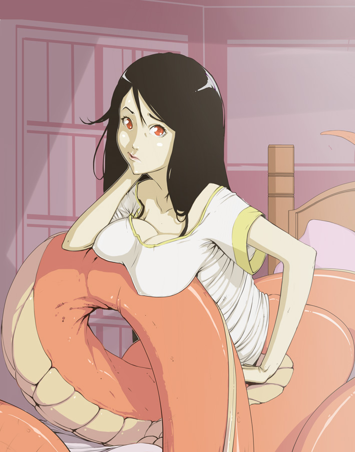 1girl bedroom black_hair female lamia large_breasts materclaws monster_girl original red_eyes room snake_tail solo tagme tail