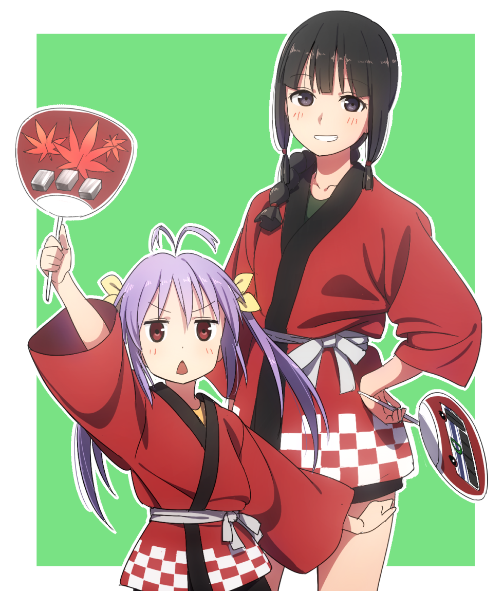 2girls antenna_hair bangs blunt_bangs blush braid crossover fan hair_ribbon kantai_collection kinosuke_(sositeimanoga) kitakami_(kantai_collection) miyauchi_renge multiple_girls non_non_biyori open_mouth purple_hair ribbon smile triangle_mouth twintails