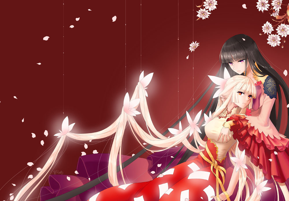 2girls absurdly_long_hair alternate_costume alternate_eye_color alternate_hair_ornament bangs black_hair blunt_bangs branch brown_hair butterfly chinese_clothes flower frilled_sleeves frills fujiwara_no_mokou hair_grab hime_cut houraisan_kaguya leaning_on_person long_hair multiple_girls multiple_sleeves pants petals platinum_blonde pping red_background red_pants ribbon signature simple_background touching touhou very_long_hair wide_sleeves yellow_ribbon yuri