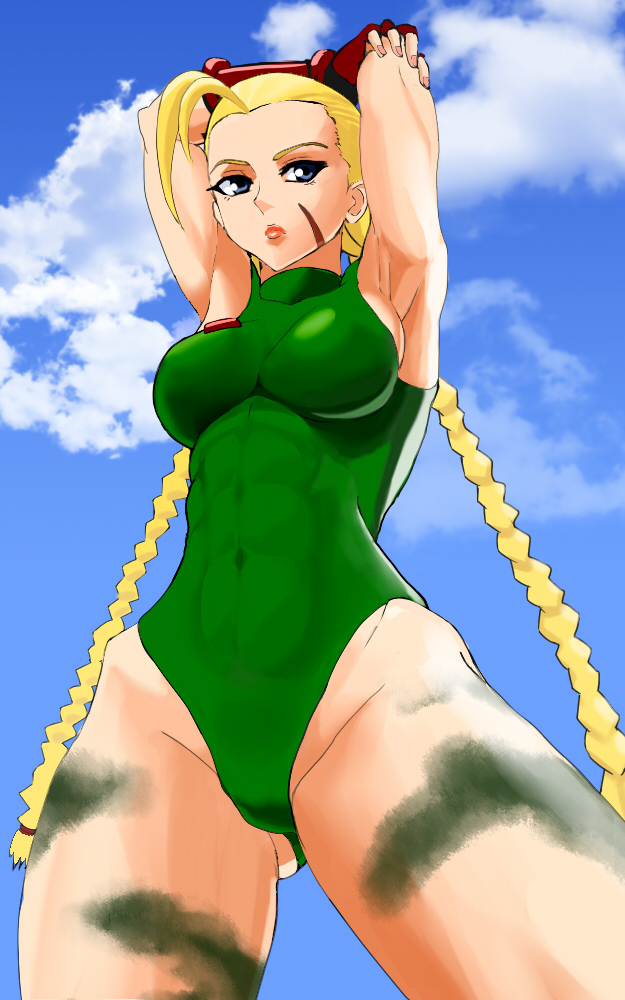 1girl abs ahoge antenna_hair armpits arms_up blonde_hair blue_eyes bodypaint breasts cammy_white camouflage closed_eyes clouds cloudy_sky covered_navel eyebrows fingerless_gloves forehead gloves huge_ahoge leotard no_hat scar skin_tight sky solo street_fighter tataizou thighs