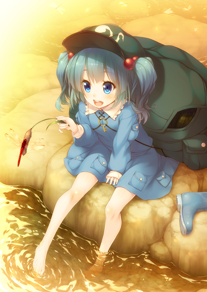 1girl backpack bag bangs between_legs blue_coat blue_eyes blue_hair blue_skirt blush boots boots_removed bug cabbie_hat cattail dragonfly explosive feet frilled_collar grenade hair_bobbles hair_ornament hand_between_legs hat kawashiro_nitori key open_mouth plant ripples rock round_teeth rubber_boots sitting sitting_on_rock skirt soaking_feet solo stream sunlight teeth tongue touhou two_side_up water