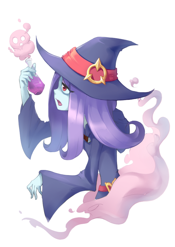 1girl greicis hat little_witch_academia long_hair open_mouth potion purple_hair red_eyes simple_background solo sucy_manbabalan white_background witch witch_hat