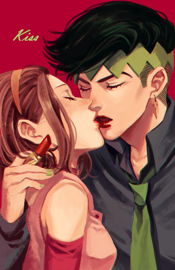 1boy 1girl arm_around_shoulder black_hair black_shirt brown_hair choker closed_eyes collared_shirt couple dress_shirt earrings english eyelashes green_nails green_necktie hairband hand_on_another's_shoulder headband hetero holding jewelry jojo_no_kimyou_na_bouken kishibe_rohan kiss lipstick lipstick_tube long_sleeves makeup nail_polish noses_touching parted_lips profile red_background red_lips red_lipstick rin2010 shirt short_hair sugimoto_reimi upper_body