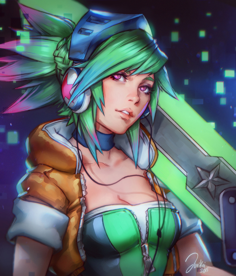 1girl 2015 alternate_costume arcade_(league_of_legends) braid breasts bustier choker cleavage green_hair headphones jurikoi league_of_legends lips nose open_clothes open_vest over_shoulder pink_eyes pixelated riven_(league_of_legends) side_braid signature sleeves_rolled_up solo sword sword_over_shoulder unzipped vest weapon weapon_over_shoulder