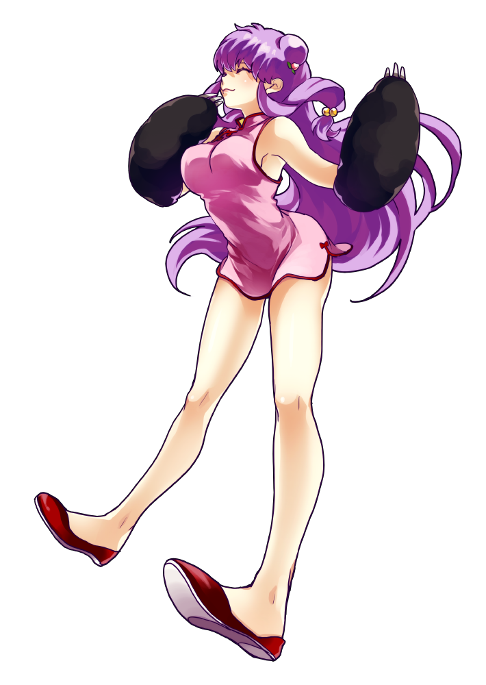 1girl ^_^ bangs breasts china_dress chinese_clothes closed_eyes double_bun dress flats full_body gloves hair_ornament hand_to_own_mouth long_hair paw_gloves pink_dress purple_hair ranma_1/2 red_shoes shampoo_(ranma_1/2) shoes side_slit simple_background sleeveless smile solo very_long_hair white_background yamako_(artist)