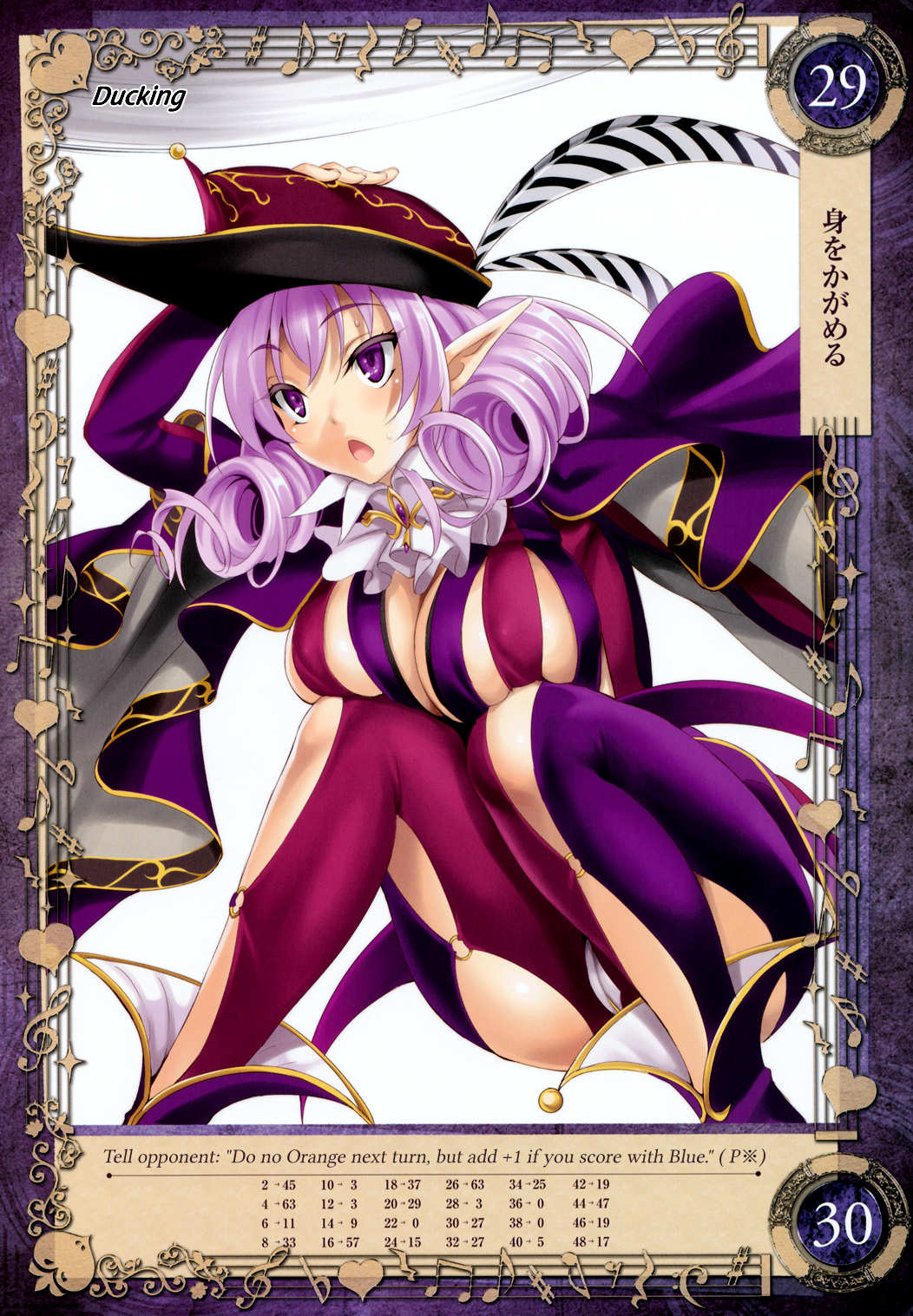 1girl breasts cape curly_hair despina_(queen's_blade) ducking hat highres kure_masahiro large_breasts long_hair long_sleeves open_mouth pointy_ears purple_hair queen's_blade queen's_blade_grimoire revealing_clothes simple_background solo violet_eyes white_background