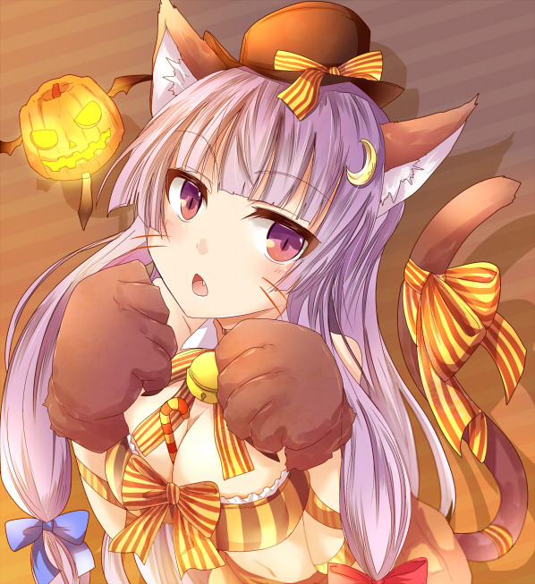 1girl animal_ears between_breasts bow breasts cat_ears cat_tail chestnut_mouth cleavage crescent_hair_ornament fang gloves hair_ornament hair_ribbon halloween halloween_costume hat jack-o'-lantern kemonomimi_mode large_breasts long_hair looking_at_viewer midriff navel open_mouth patchouli_knowledge paw_gloves purple_hair ram_hachimin ribbon tail tail_ribbon touhou tress_ribbon very_long_hair violet_eyes whiskers
