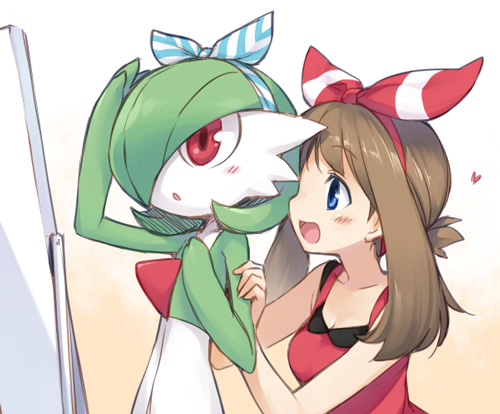 1girl blue_eyes blush brown_hair gardevoir hair_ribbon haruka_(pokemon) haruka_(pokemon)_(remake) heart lowres mirror open_mouth pokemon pokemon_(creature) pokemon_(game) pokemon_oras red_eyes ribbon two_side_up utsugi_(skydream)