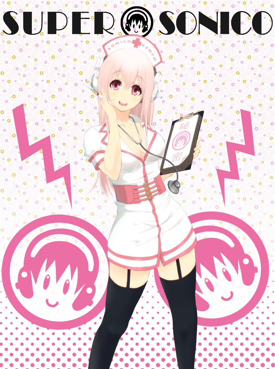 1girl blush breasts cleavage clipboard hat headphones highres large_breasts long_hair looking_at_viewer mokkei nitroplus nurse nurse_cap open_mouth pink_hair red_eyes smile solo stethoscope super_sonico syringe thigh-highs