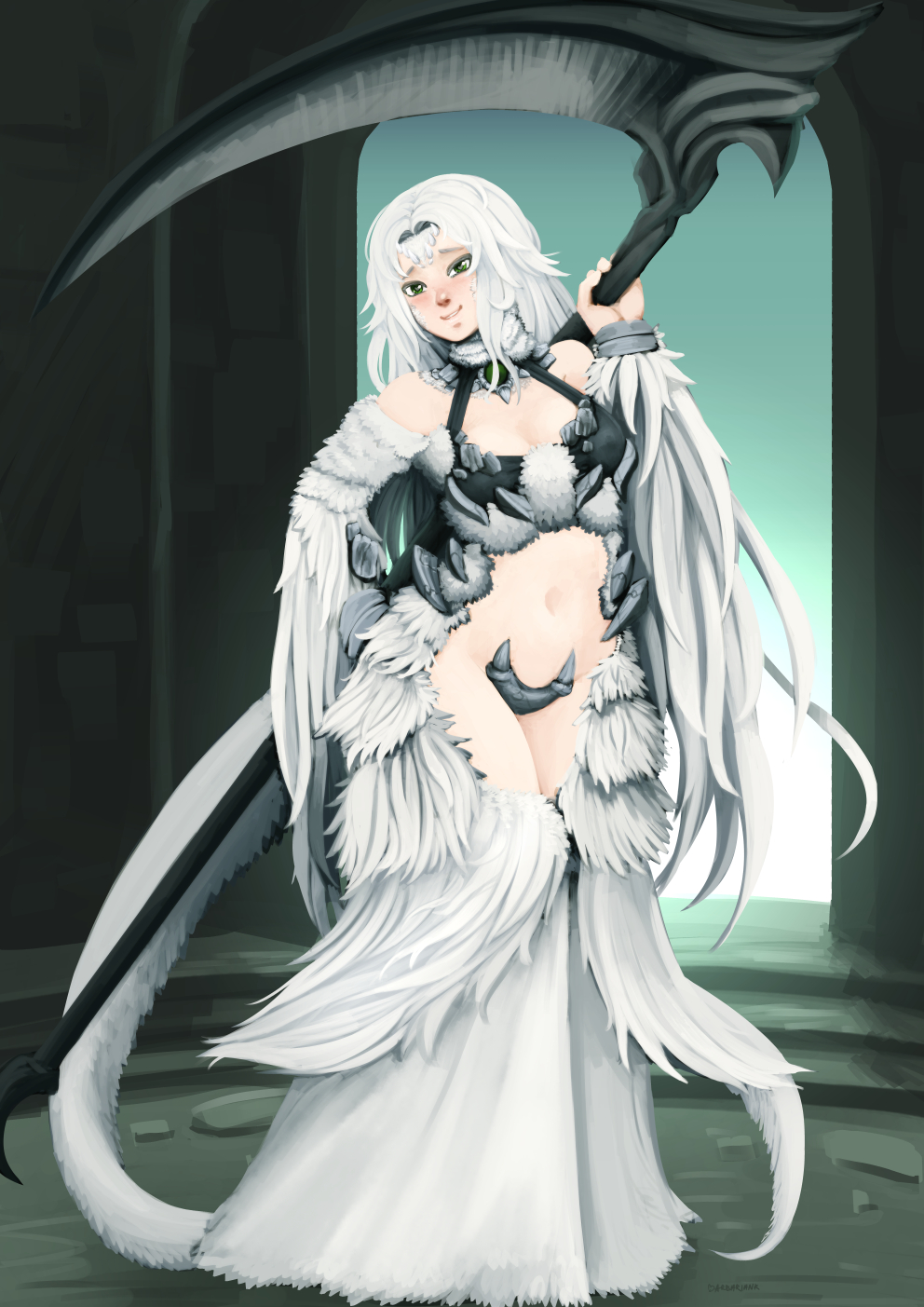 1girl armor barbariank bikini_armor blush breasts cleavage crotch_plate dark_souls detached_collar full_body fur green_eyes highres long_hair monster_girl navel priscilla_the_crossbreed scales scythe solo souls_(from_software) tail weapon white_hair