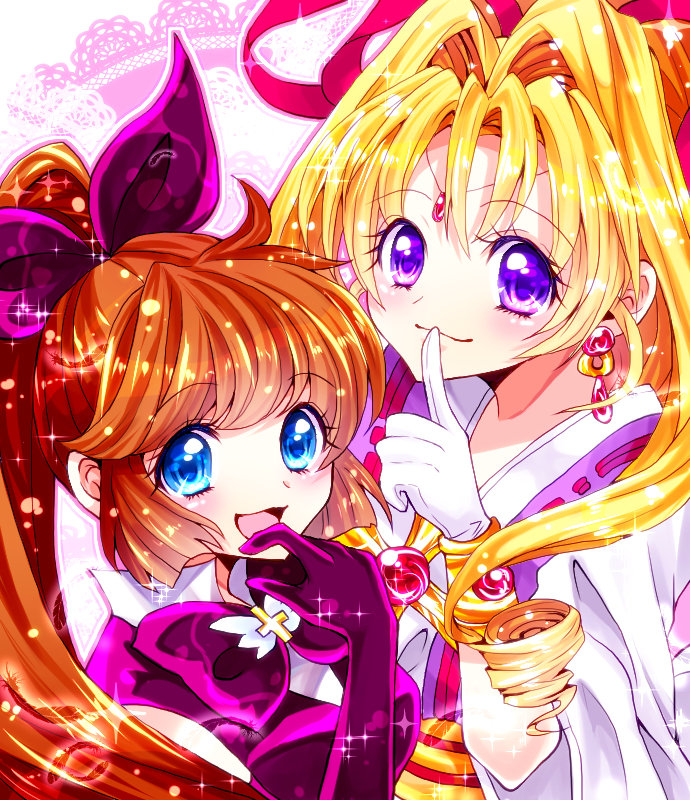 2girls blonde_hair blue_eyes bow brown_hair curly_hair finger_to_mouth fuyoku_fuu gloves hair_bow hair_intakes haneoka_meimi kaitou_jeanne kaitou_saint_tail kamikaze_kaitou_jeanne kusakabe_maron long_hair magical_girl multiple_girls ponytail purple_bow purple_gloves saint_tail smile trait_connection violet_eyes white_gloves