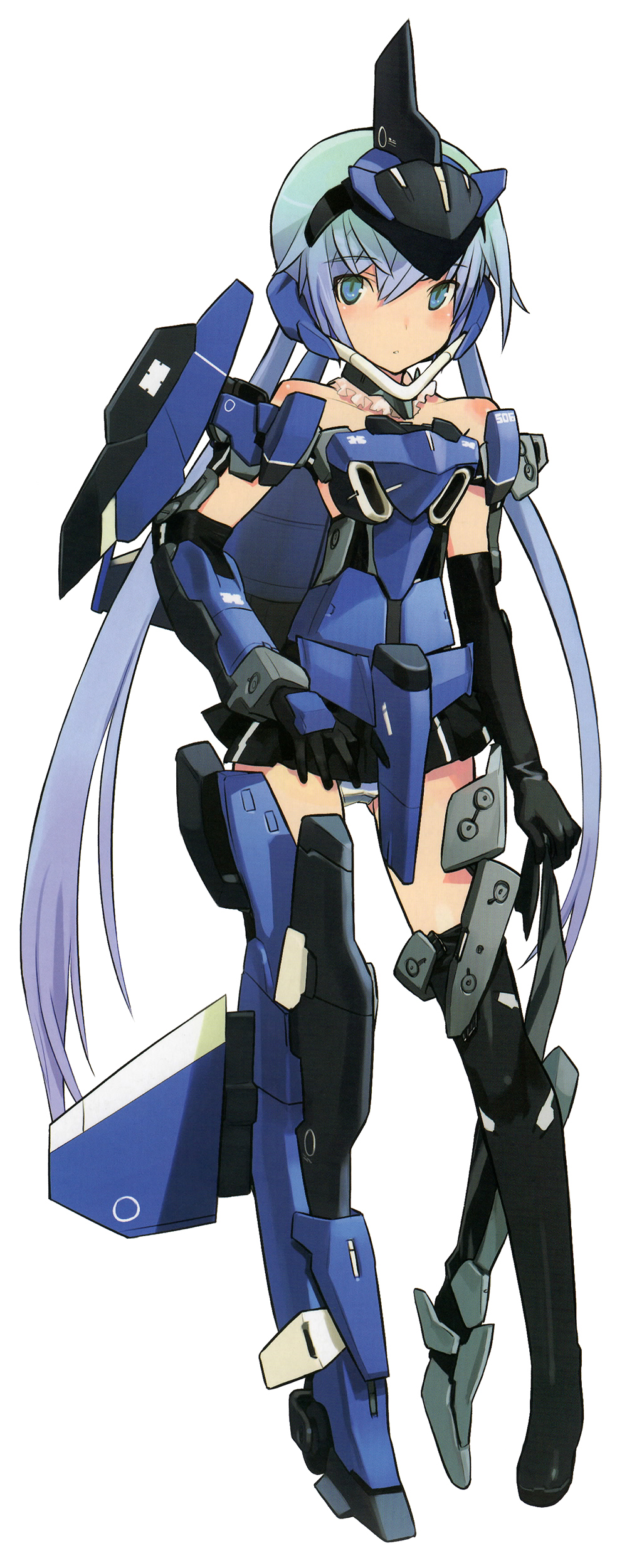 1girl absurdres bare_shoulders black_gloves blue_eyes blue_hair body_blush choker elbow_gloves frame_arms_girl full_body gloves gradient_hair headgear highres long_hair looking_at_viewer mecha_musume miniskirt multicolored_hair open_mouth panties pantyshot pantyshot_(standing) scan scan_artifacts shimada_fumikane simple_background single_thighhigh skirt solo standing striped striped_panties stylet tagme thigh-highs twintails underwear very_long_hair white_background
