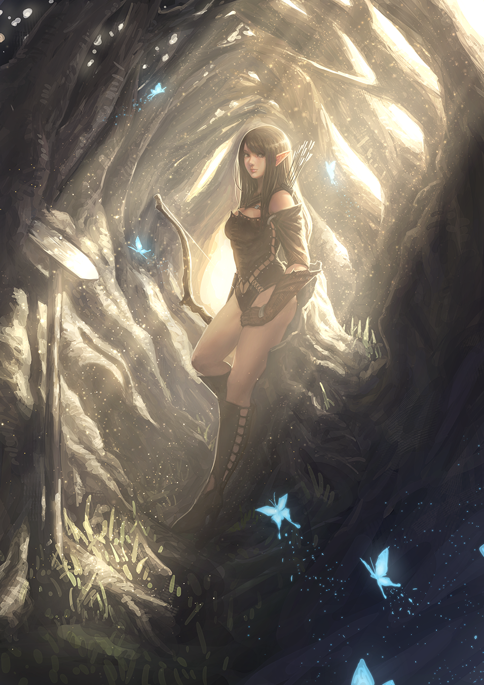 1girl arrow banajune bangs black_boots black_hair boots bow_(weapon) butterfly closed_mouth cross-laced_clothes detached_sleeves elf forest gloves glowing_butterfly grass high_heel_boots high_heels highres knee_boots leotard light_particles long_hair looking_at_viewer nature original outdoors pointy_ears quiver revision signpost solo standing straight_hair sunlight swept_bangs tree weapon