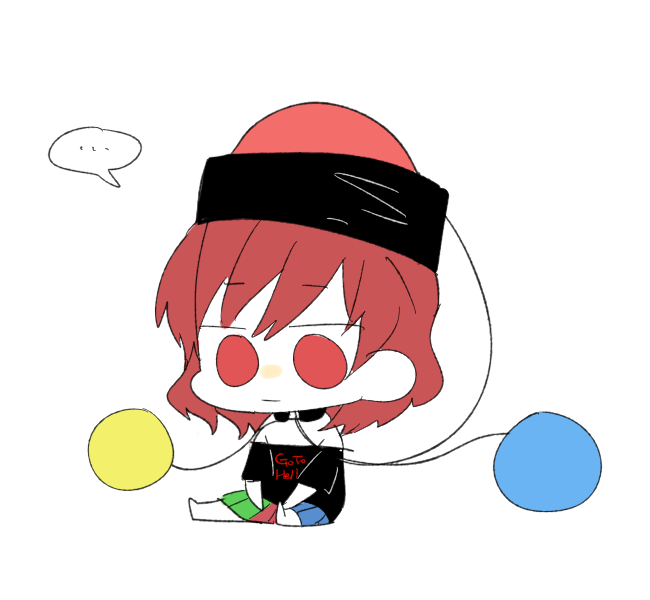 1girl bare_shoulders chain clothes_writing collar earth_(ornament) hat hecatia_lapislazuli moon_(ornament) red_eyes redhead shirt sitting six_(fnrptal1010) skirt solo t-shirt touhou white_background