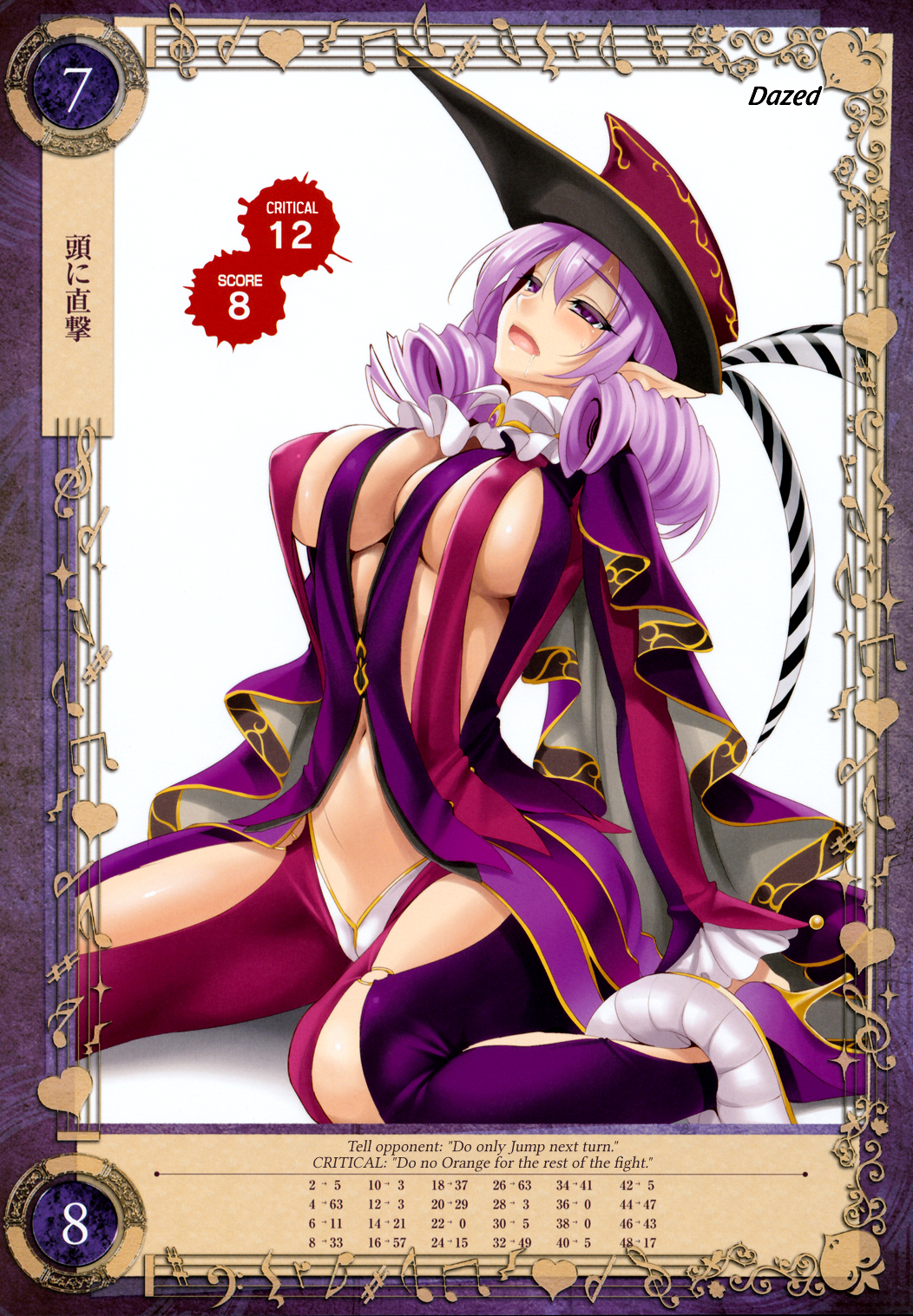 1girl breasts cape cleavage covered_nipples curly_hair despina_(queen's_blade) hat highres kure_masahiro large_breasts long_hair long_sleeves open_mouth pointy_ears purple_hair queen's_blade queen's_blade_grimoire revealing_clothes sitting solo violet_eyes white_background