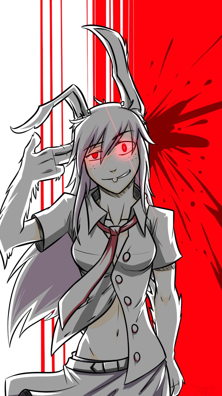 1girl animal_ears belt blood blood_splatter breasts buck_teeth collared_shirt commentary finger_gun freckles furry grin half-closed_eye highres light_smile light_trail looking_at_viewer loose_necktie midriff navel necktie purple_hair purple_skirt rabbit_ears red_background red_eyes red_necktie regalclaw reisen_udongein_inaba shirt short_sleeves signature skirt smile spot_color touhou transformation two-tone_background unbuttoned_shirt white_background