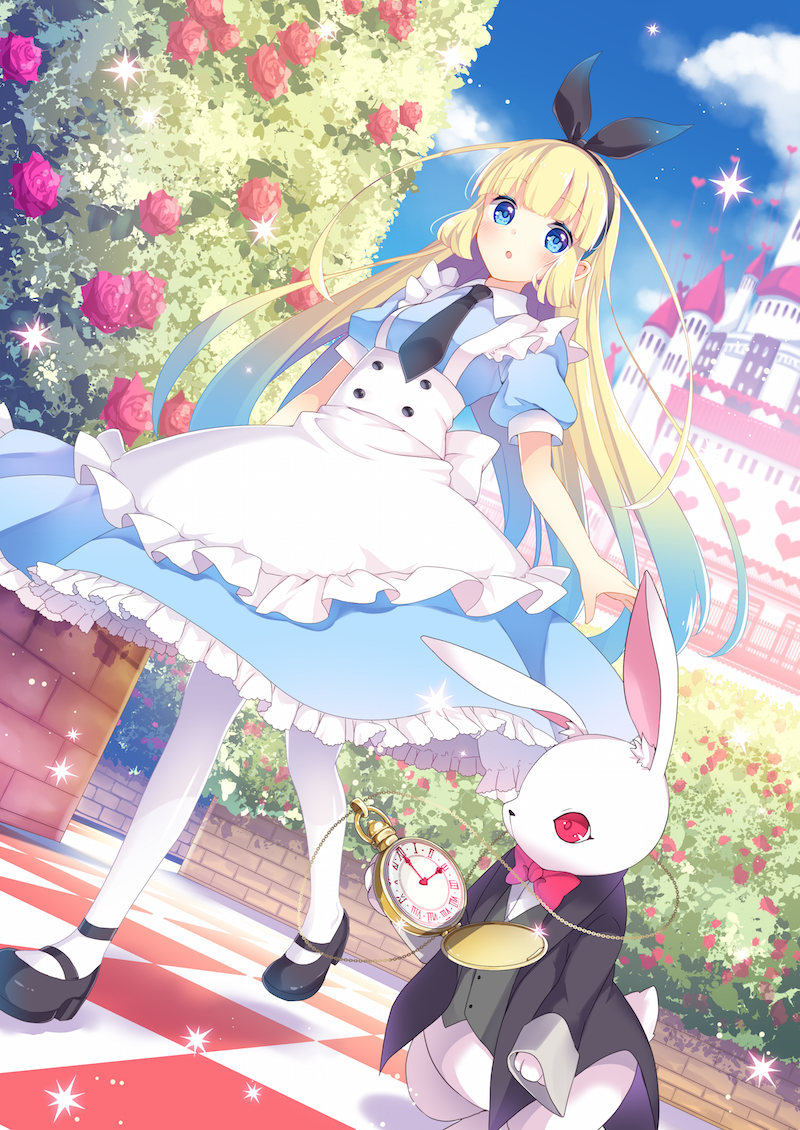 1boy 1girl alice_(wonderland) alice_in_wonderland animal_ears apron blonde_hair blue_eyes bow bush castle checkered checkered_floor clouds dress flower formal goma_(11zihisin) hairband heart long_hair mary_janes necktie open_mouth outdoors pantyhose pocket_watch rabbit rabbit_ears red_eyes ribbon rose shoes sky sparkle suit watch white_legwear white_rabbit