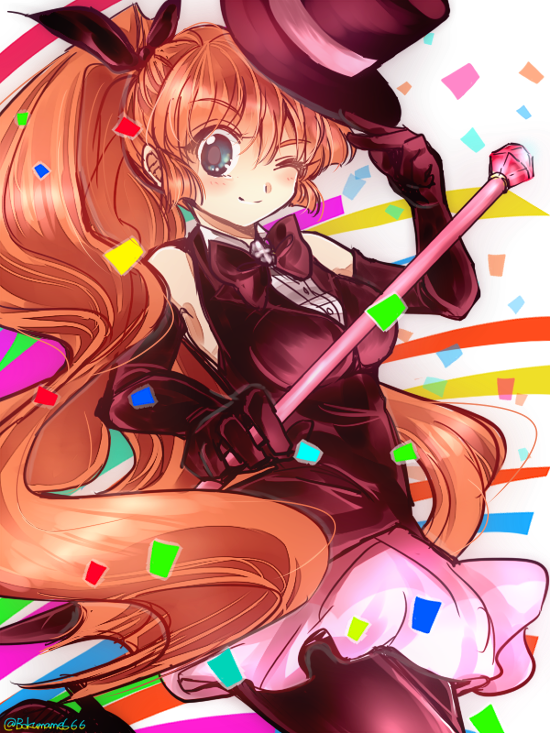 1girl black_bow black_legwear blue_eyes bow bowtie brown_hair confetti cowboy_shot elbow_gloves gloves haneoka_meimi hat kaitou_saint_tail long_hair magical_girl multicolored_background one_eye_closed pantyhose pink_skirt ponytail saint_tail skirt smile solo top_hat torihada_ichirou twitter_username very_long_hair