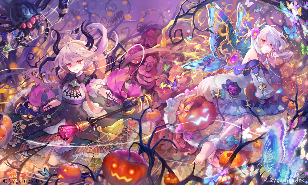 2girls baton black_gloves blonde_hair butterfly butterfly_wings claws demon_girl demon_horns dress finger_in_mouth flower giant_spider gloves grey_dress hair_flower hair_ornament halloween horns ibara_riato jack-o'-lantern layered_dress long_sleeves looking_at_viewer multicolored_dress multiple_girls off_shoulder official_art original puffy_short_sleeves puffy_sleeves red_eyes red_rose rose shaded_face short_sleeves silk silver_hair spider spider_web wide_sleeves wings