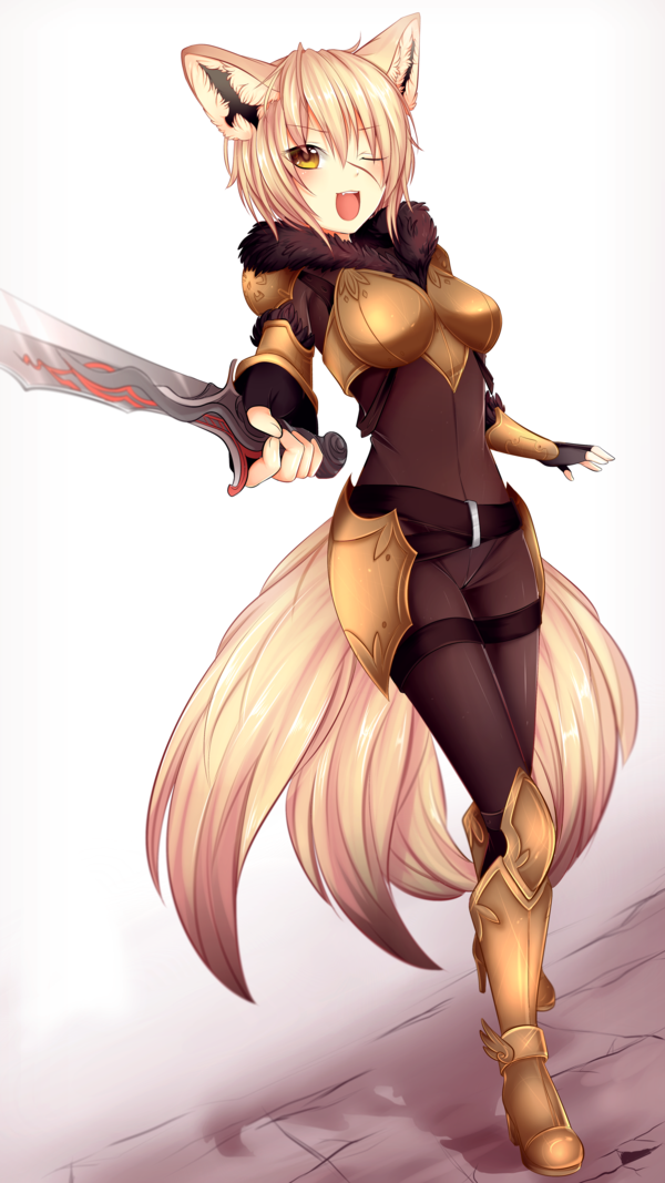 1girl :d ;d animal_ears arm_guards armor belt black_gloves blonde_hair bodysuit boots breastplate confrontation facial_mark facing_viewer fang faulds fox_ears fox_tail full_body gloves holding_sword holding_weapon kitsune looking_at_viewer lovinnee one_eye_closed open_mouth original shade shoulder_pads simple_background smile standing sword tail weapon white_background yellow_eyes