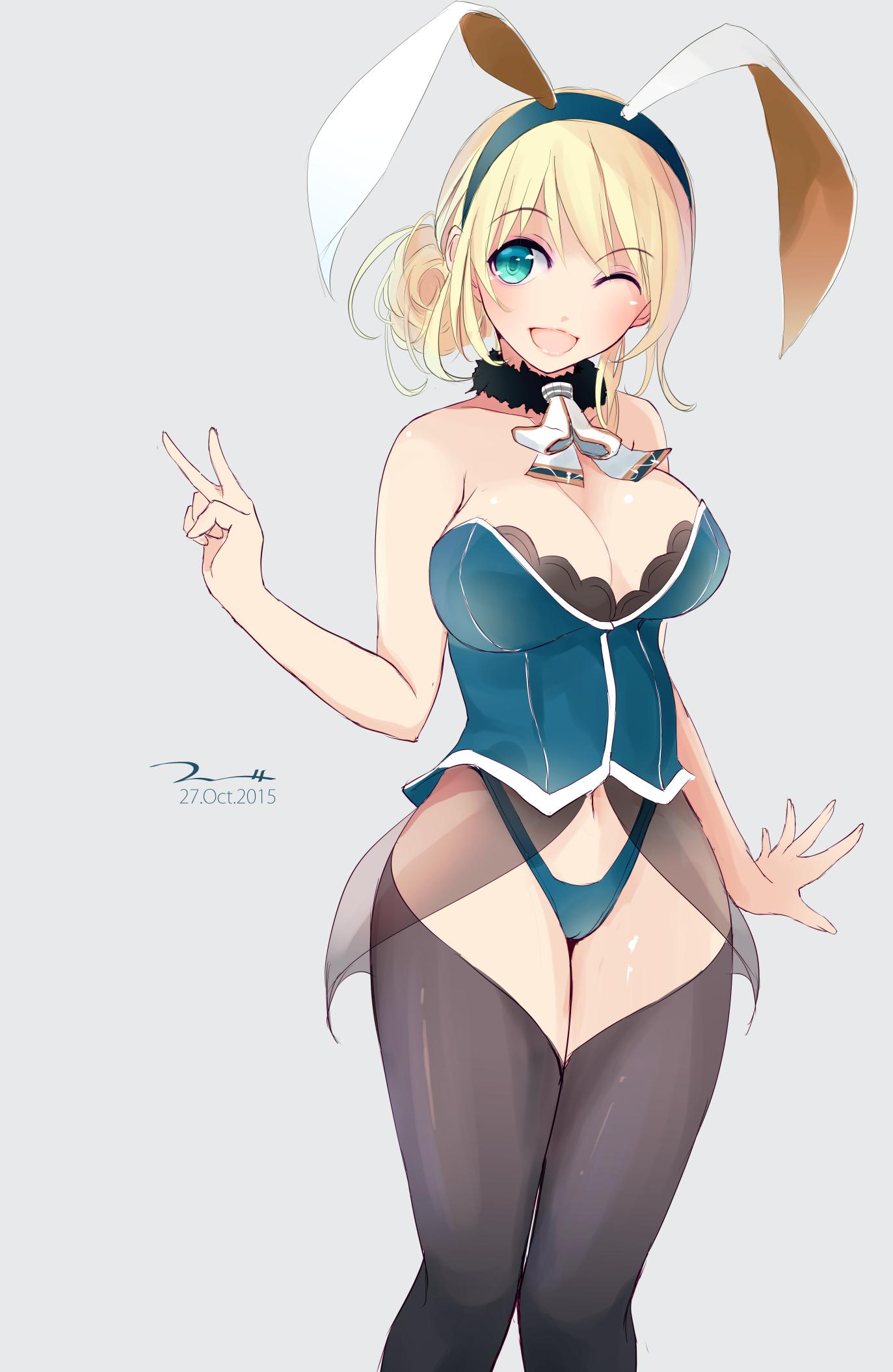 alternate_costume animal_ears atago_(kantai_collection) blonde_hair blue_eyes bustier collar hairband highres kantai_collection one_eye_closed rabbit_ears tbd11 thigh-highs