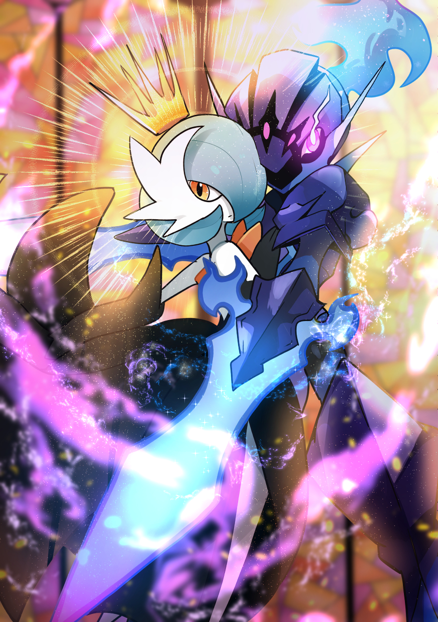 1girl 1other alternate_color arm_blade armor aura bangs bare_shoulders black_dress black_gloves blue_fire blue_hair blurry blurry_background blurry_foreground bob_cut ceruledge closed_mouth clothed_pokemon colored_skin commentary crown dress elbow_gloves english_commentary expressionless eye_trail fire from_behind gardevoir gloves glowing glowing_eyes hair_over_one_eye hand_on_another's_chest hand_up helmet highres light_trail looking_at_viewer looking_back mega_gardevoir mega_pokemon one_eye_covered orange_eyes outstretched_arm pink_eyes pokemon pokemon_(creature) shiny_pokemon short_hair shoulder_armor sideways_mouth spikes stained_glass standing strapless strapless_dress weapon white_skin window yami11 yellow_background yellow_headwear