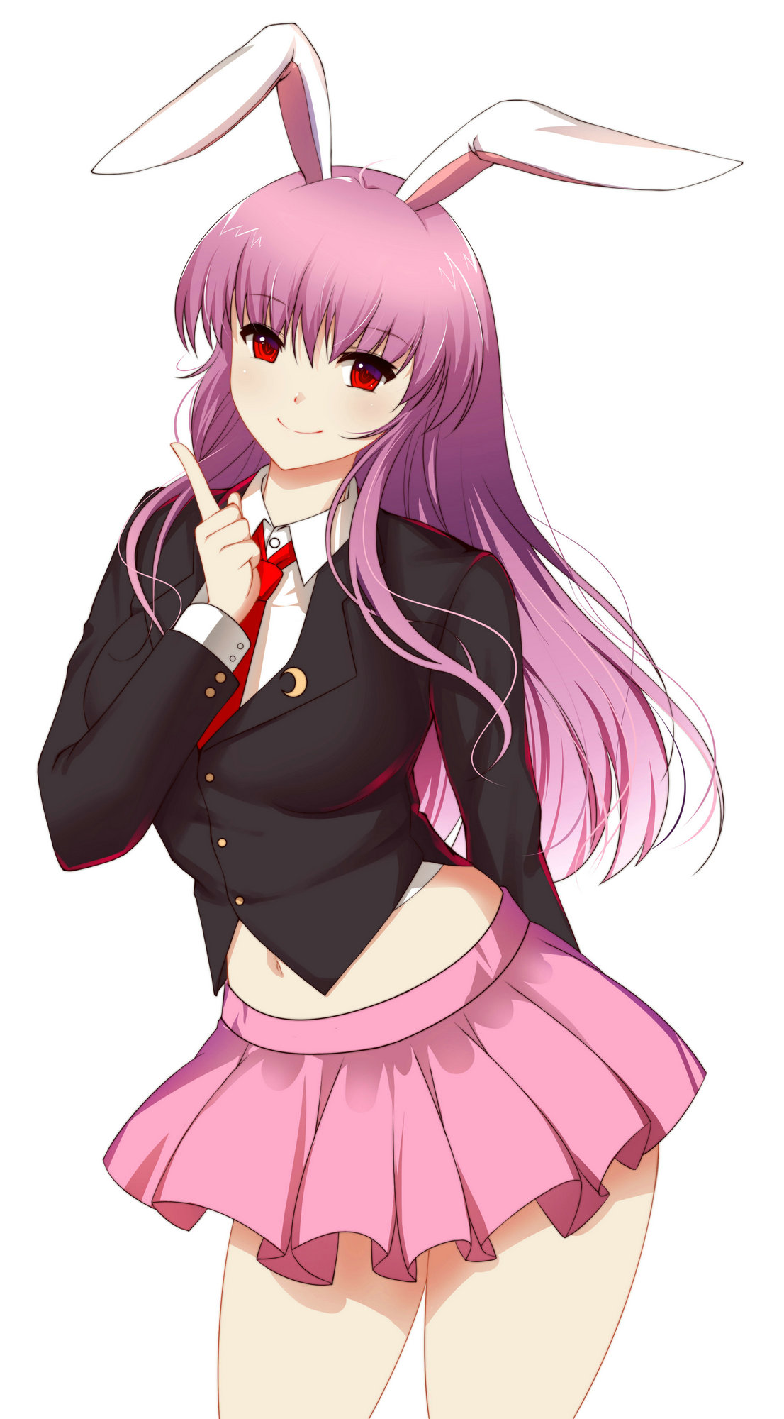 1girl animal_ears blazer breasts highres large_breasts long_hair long_sleeves looking_at_viewer midriff navel necktie pink_hair pleated_skirt rabbit_ears red_eyes reisen_udongein_inaba shirt skirt smile solo touhou very_long_hair x&amp;x&amp;x