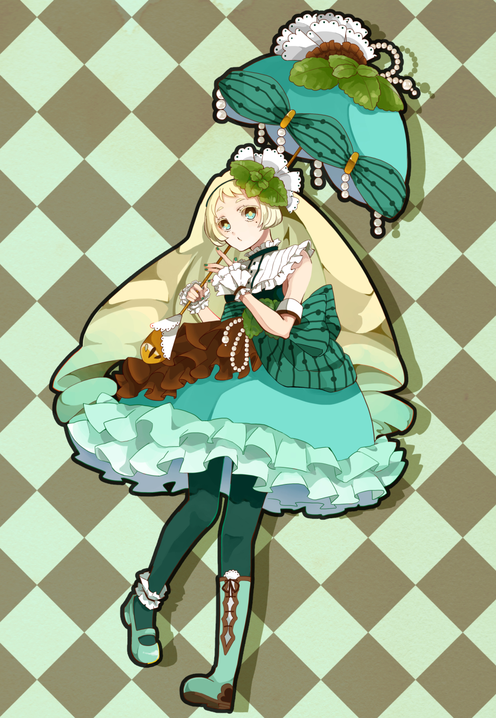 1girl blonde_hair blue_boots blue_eyes blue_legwear boots checkered checkered_background chocolate_mint_ice_cream fingernails flower food food_themed_clothes hair_flower hair_ornament highres ice_cream mizuuming original over_shoulder parasol pearl personification pocketland solo umbrella