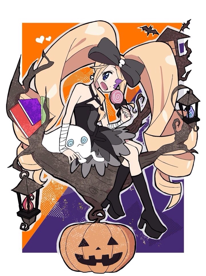 1girl bandages bare_shoulders bat black_boots blonde_hair blue_eyes boots bow dress drill_hair earrings eyepatch hair_bow halloween harime_nui heart jack-o'-lantern jewelry kill_la_kill lantern long_hair sitting skull smile solo strapless_dress twin_drills twintails
