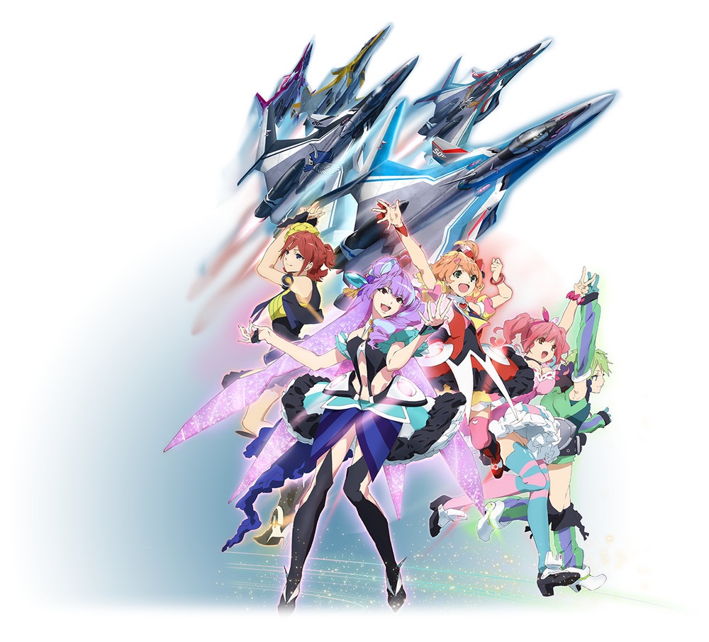 flying macross macross_delta mecha multiple_girls official_art promotional_art science_fiction simple_background tagme vf-31